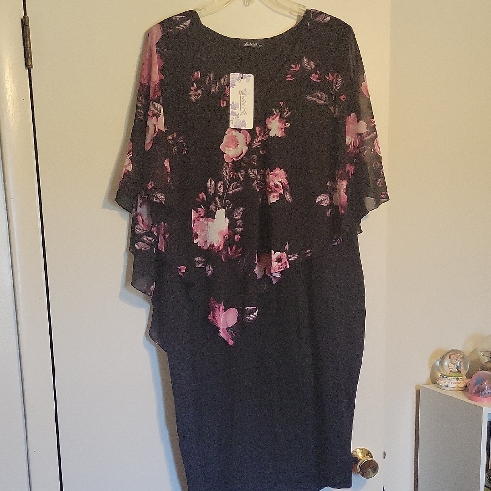Floral Black Dress with Pink Accents